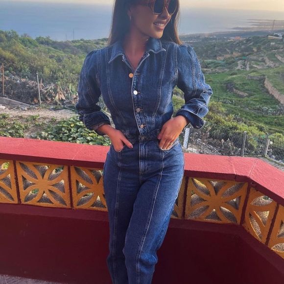 Mango Denim Jumpsuit Pufffed Sleeves New - Picture 6 of 6